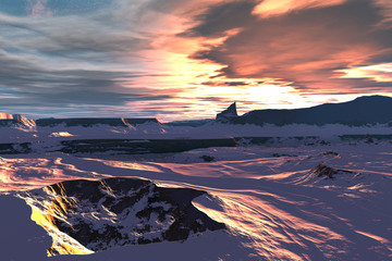 Alien planet. Sunrise. 3D rendering
