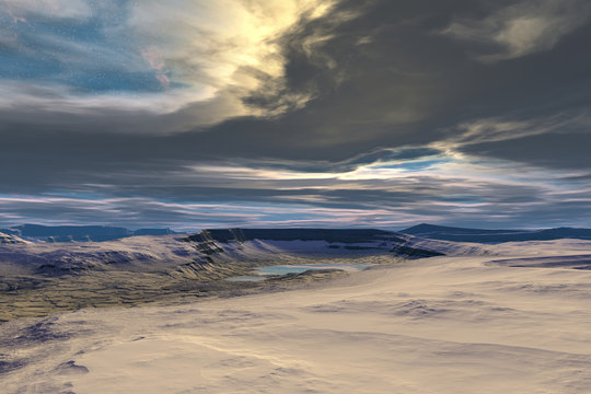 Alien planet. Sunrise. 3D rendering