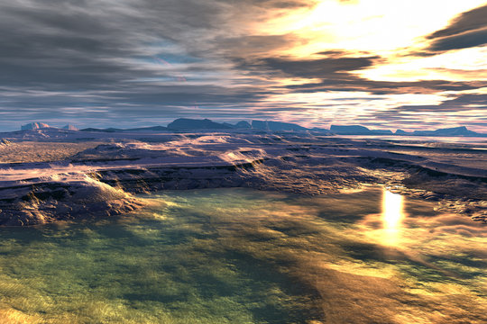 Alien planet. Sunrise. 3D  rendering