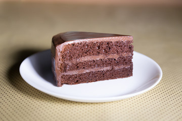 Delicious dark chocolate cake in white plate