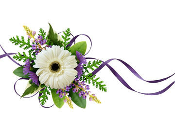 Arrangement with flowers and silk ribbons