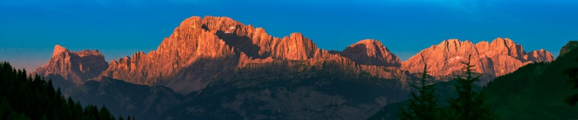 evening panorama Pelmo-Civetta-Moiazza in Dolomites