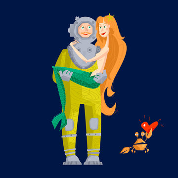 Deep sea diver and mermaid. St. Valentine’s Day.