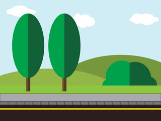 Simple flat road with sidewalk, trees, park and hills