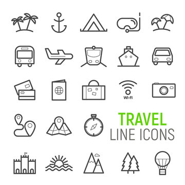 Travel icons set. Vector flat line illustrations.