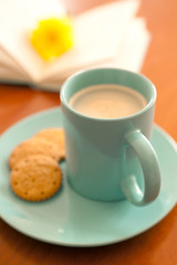 aqumarine mug of coffee with biscuits and book