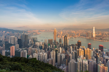 Hong Kong reidence area skyline view over The Peak during sunset