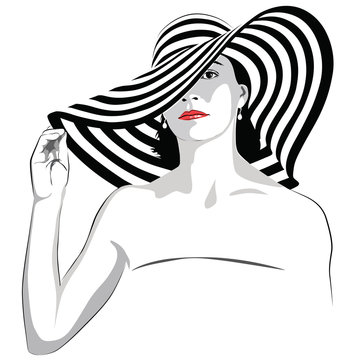 Girl with dark hair in big striped hat - vector