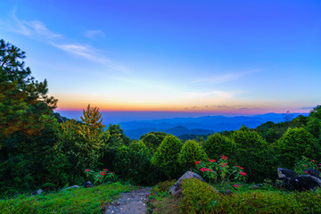 Fototapeta na wymiar Dawn on the mountain landscape from Mae, Kampong village Thailan