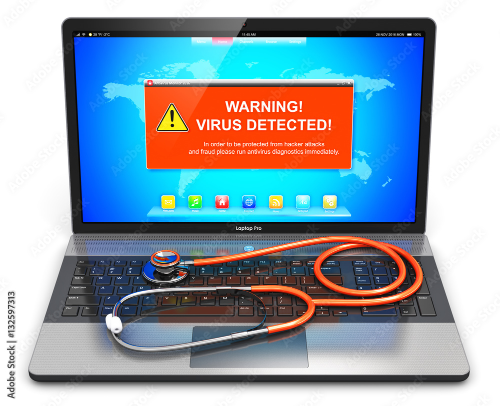 Aufkleber laptop with virus attack warning message on screen and stethosco