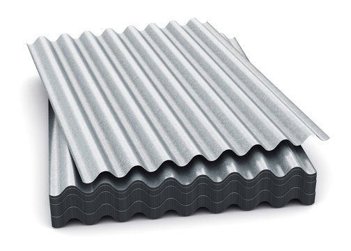 Group of wave shaped zinc-plated metal sheets