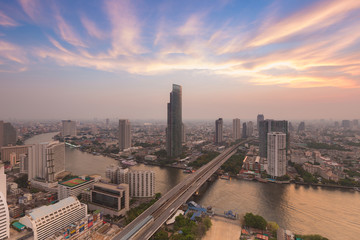 Naklejka na ściany i meble Beautiful after sunset sky over Bangkok city and river aerial view, Thailand