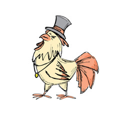 Hand drawn sketch of fashion  rooster in hat on white background