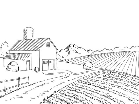 Farm field graphic black white sketch illustration vector
