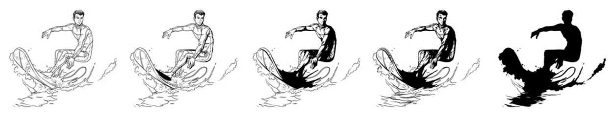 Set vector illustration of a surfer - obrazy, fototapety, plakaty