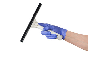 Man's or woman's hand cleaning with a squeegee on white background.