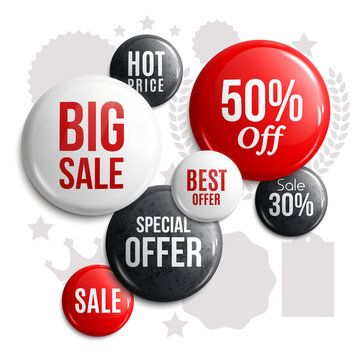 Set of glossy sale buttons or badges. Product promotions. Vector.