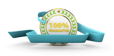 Customer satisfaction guaranteed gold badge and banner in blue. 3d Illustration