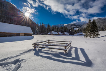 Chocholowska valley at sunset in winter, Tatra Mountains in Poland