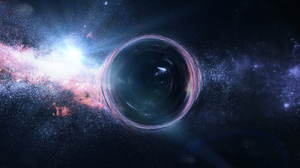 black hole with gravitational lens effect in front of bright stars  (3d illustration, Elements of this image are furnished by NASA) - obrazy, fototapety, plakaty