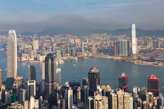 Hong Kong cityscape over Victorial Bay aerial view