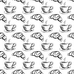 seamless pattern hand drawn cup of coffee and croissant