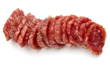 Salami smoked sausage slices isolated on white background cutout