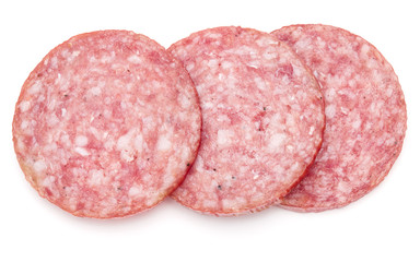 Salami smoked sausage three slices isolated on white background