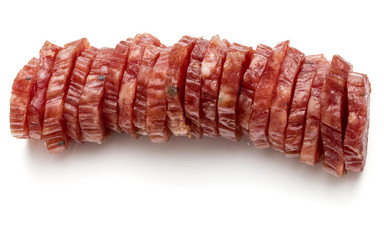 Salami smoked sausage slices isolated on white background cutout
