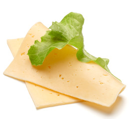 cheese sliceand salad leaves isolated on white background cutout