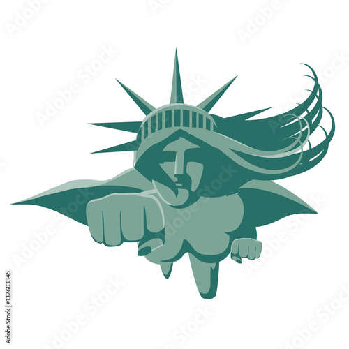 "Statue of Liberty super woman. Liberty flies directly at you while