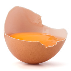 Broken egg  in eggshell half isolated on white background cutout
