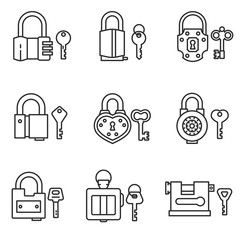 Locks and keys icons set. Steel lock and key different form, thin line design. linear symbols collection.