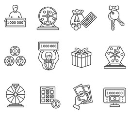 Lottery icons set. Winning lotto, thin line design. The prize in gambling, linear symbols collection.