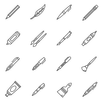 Stationery icons set. School supplies, thin line design. Tools for writing and drawing, linear symbols collection. isolated vector illustration.