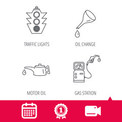 Achievement and video cam signs. Motor oil change, traffic lights and gas station icons. Petrol station linear sign. Calendar icon. Vector