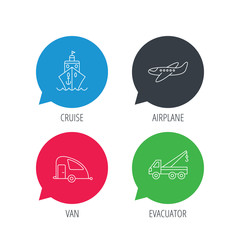 Colored speech bubbles. Transportation icons. Cruise, airplane and van linear signs. Evacuator flat line icon. Flat web buttons with linear icons. Vector