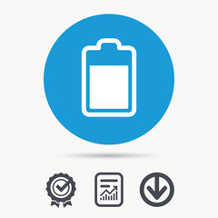 Battery power icon. Charging accumulator symbol. Achievement check, download and report file signs. Circle button with web icon. Vector