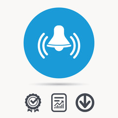 Bell icon. Reminder alarm signal symbol. Achievement check, download and report file signs. Circle button with web icon. Vector