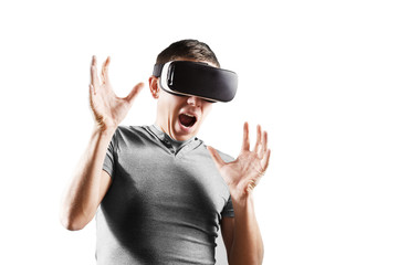 Naklejka premium Young man in virtual reality, vr glasses.