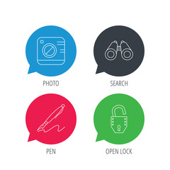 Colored speech bubbles. Photo, open lock and search icons. Pen linear sign. Flat web buttons with linear icons. Vector