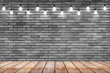  brick wall with bulb lights lamp. nice brick show room with spotlights. 