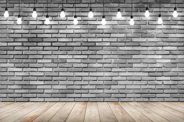  brick wall with bulb lights lamp. nice brick show room with spotlights. 