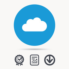 Cloud icon. Data storage technology symbol. Achievement check, download and report file signs. Circle button with web icon. Vector