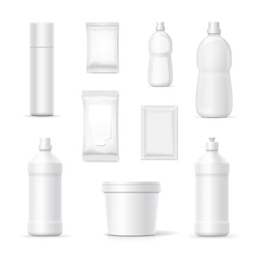 Set of bottles and packages of detergents and cleaning household products for bathroom and kitchen. Vector blank Packaging containers template