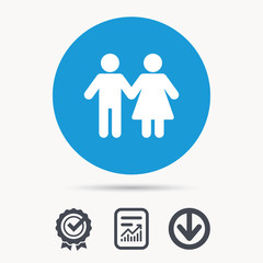 Couple icon. Traditional young family symbol. Achievement check, download and report file signs. Circle button with web icon. Vector