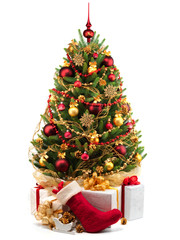 Decorated Christmas tree on white background