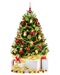 Decorated Christmas tree on white background