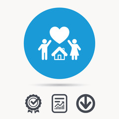 Family icon. Father, mother and child symbol. Achievement check, download and report file signs. Circle button with web icon. Vector