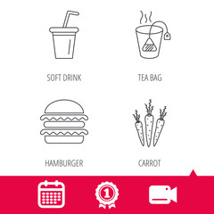 Achievement and video cam signs. Hamburger, tea bag and soft drink icons. Carrot linear sign. Calendar icon. Vector